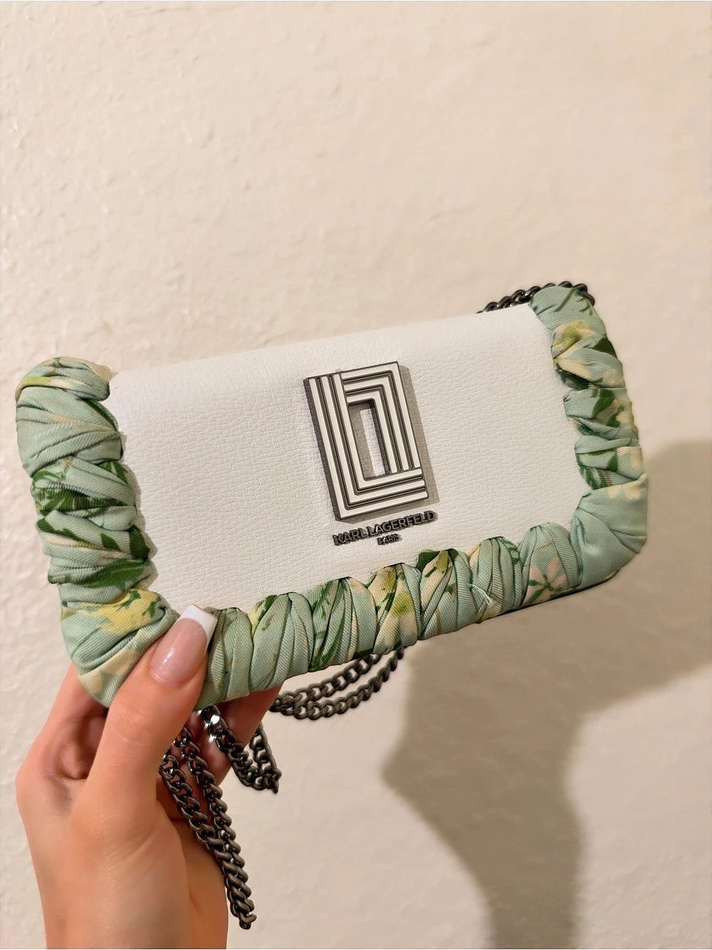 Karl Lagerfeld Paris Floral Chain Shoulder Bag White & Green